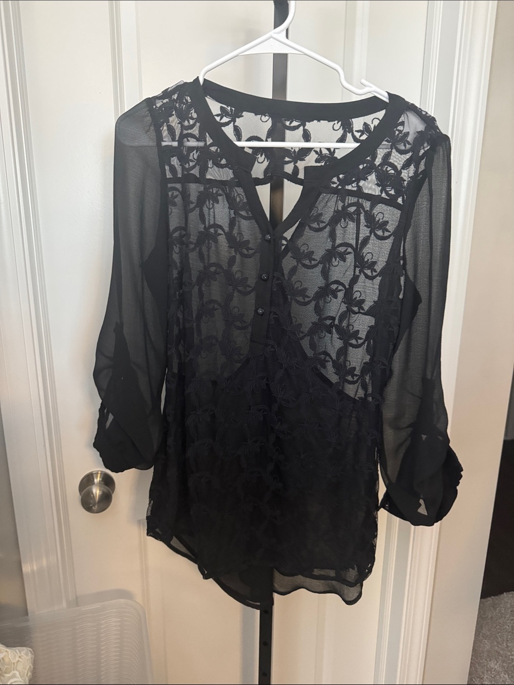 Black Sheer Embroidered Blouse - Women's Top